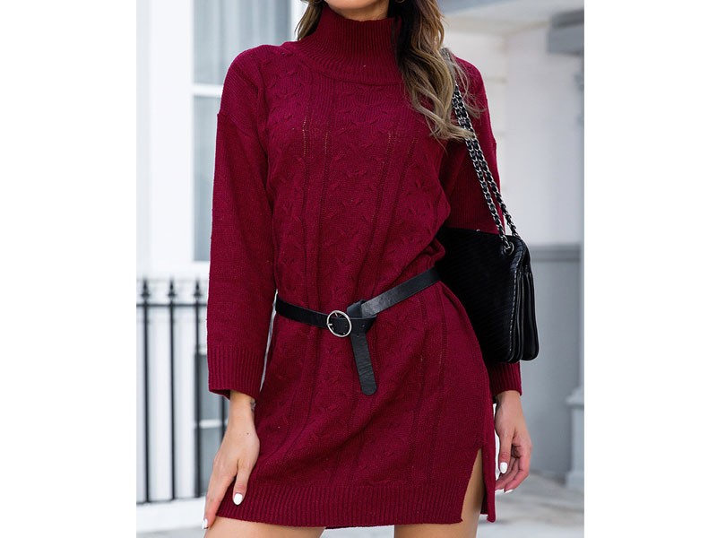 Misslook Wine Red Sweet Shift Turtleneck Knitted Sweater For Women