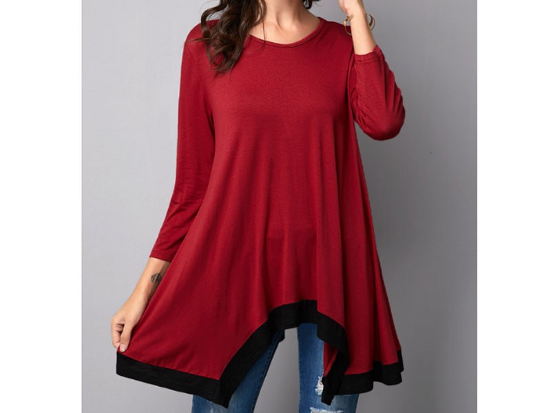 Women's Asymmetric Hem Round Neck Wine Red T-Shirt