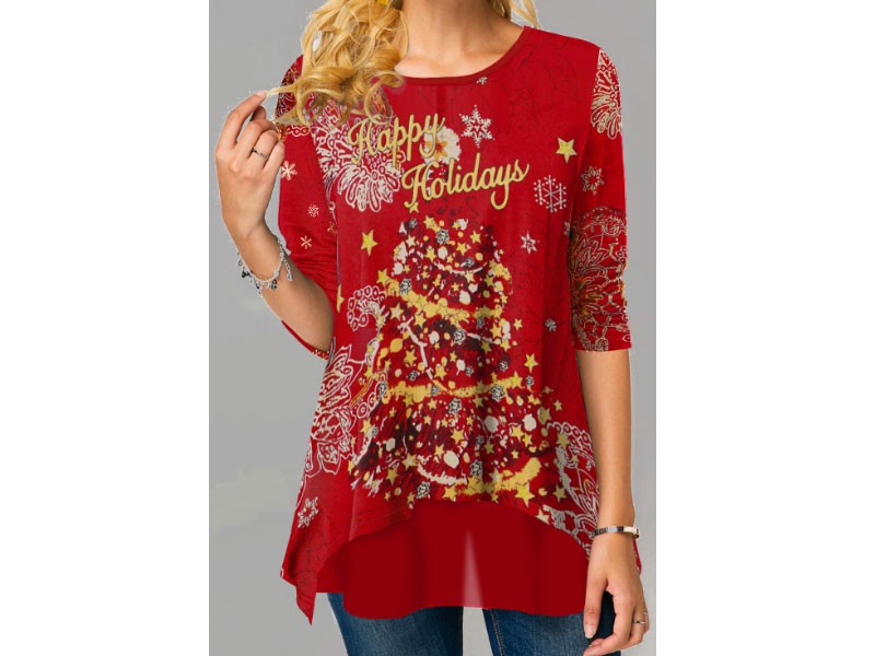 Women's Christmas Print Round Neck Long Sleeve T Shirt