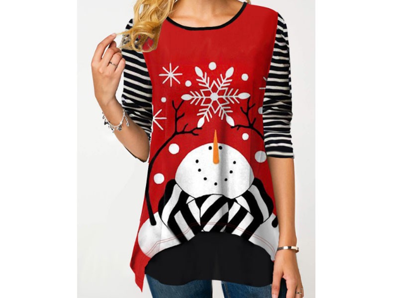 Christmas Print Round Neck Long Sleeve T-Shirt For Women