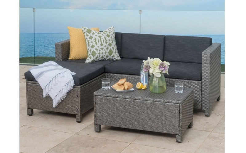 Lorita Outdoor 5-Piece Grey Wicker Sectional Sofa Set With Black Cushions