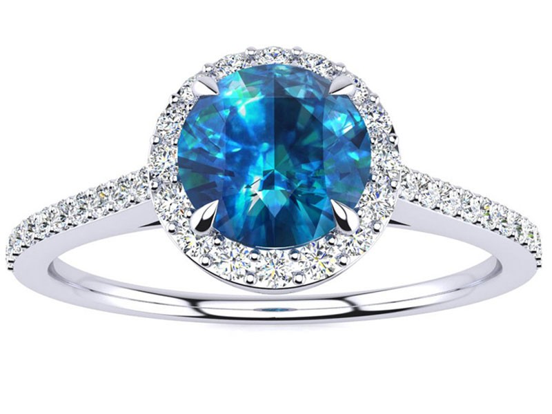 Women's 1 Carat Blue Diamond Halo Engagement Ring in 14k White Gold