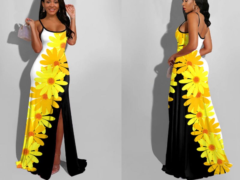 Spaghetti Strap Side Slit Daisy Print Maxi Dress For Women