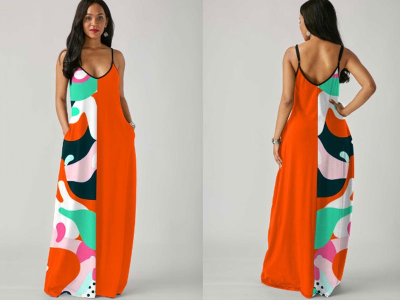 Spaghetti Strap Side Printed Pocket Maxi Dress For Women