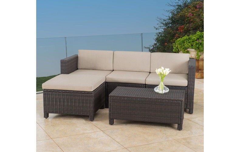 Lorita Outdoor 5-Piece Dark Brown Wicker Sectional Sofa Set With Beige Cushions