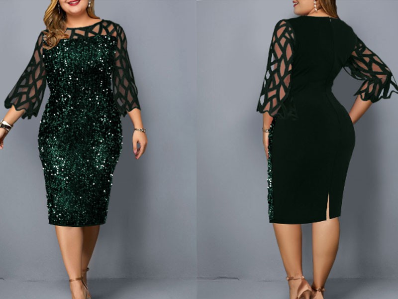 Sequin Detail Mesh Panel Plus Size Dress For Women