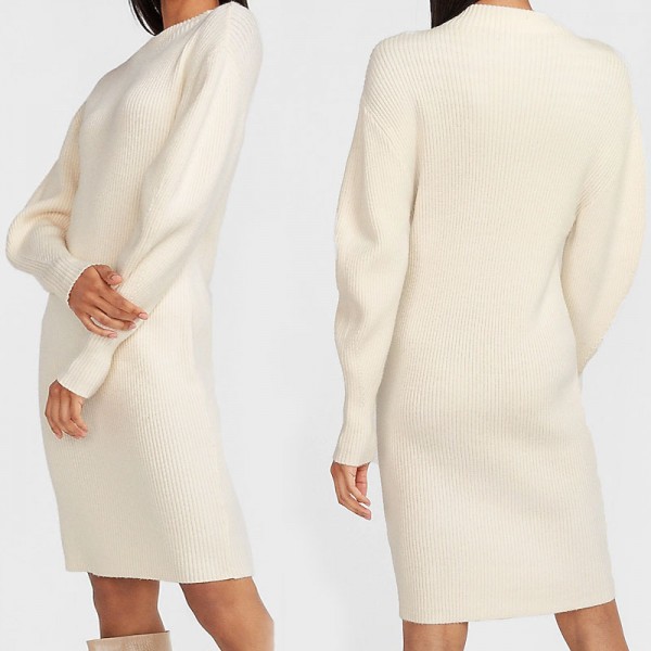 Ribbed Mock Neck Balloon Sleeve Sweater Dress For Women