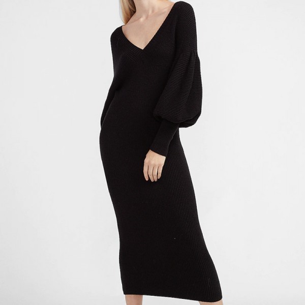Ribbed Balloon Sleeve Sweater Dress For Women
