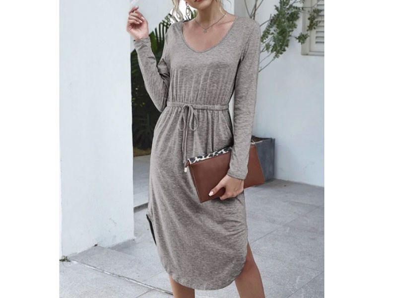 Women's Long Sleeve Tie Waist Casual Dress Gray M