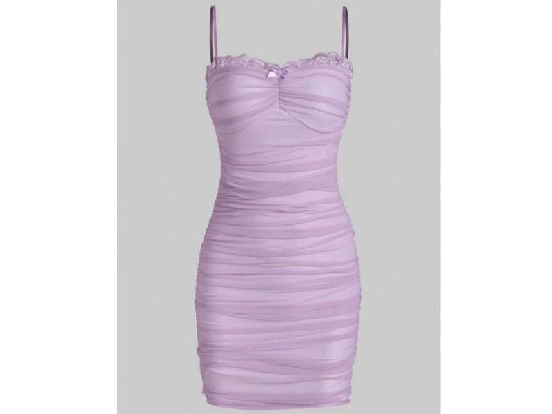 Women's Mesh Lace Trim Ruched Cami Bodycon Dress Purple