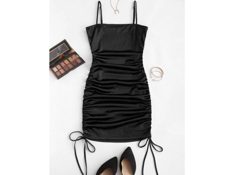 Zaful Spaghetti Strap Cinched Satin Bodycon Dress For Women