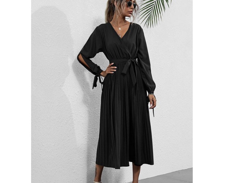 Women's Tie Cuffs Split Sleeve Midaxi Pleated Surplice Dress