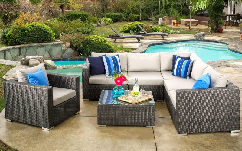 Francisco Outdoor 7-Piece Grey Wicker Seating Sectional Set With Sunbrella Cushi
