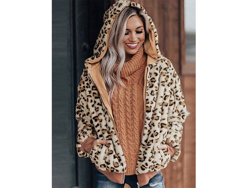Women's Open Front Faux Fur Coat Regular Leopard Daily Basic Khaki Brown