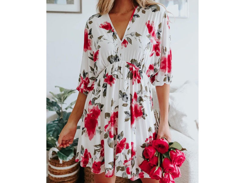 Floral Open Back Tie Elastic Cuff Mini Dress For Women