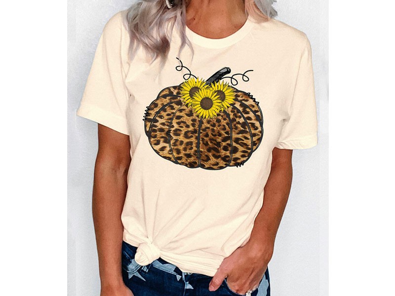 Women's Leopard Pumpkin Sunflower T-Shirt Tee Light Yellow