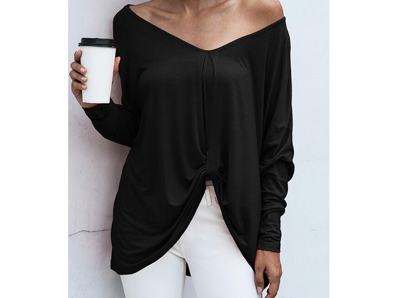 Women's V-Neck Ruffled Asymmetric Blouse Black