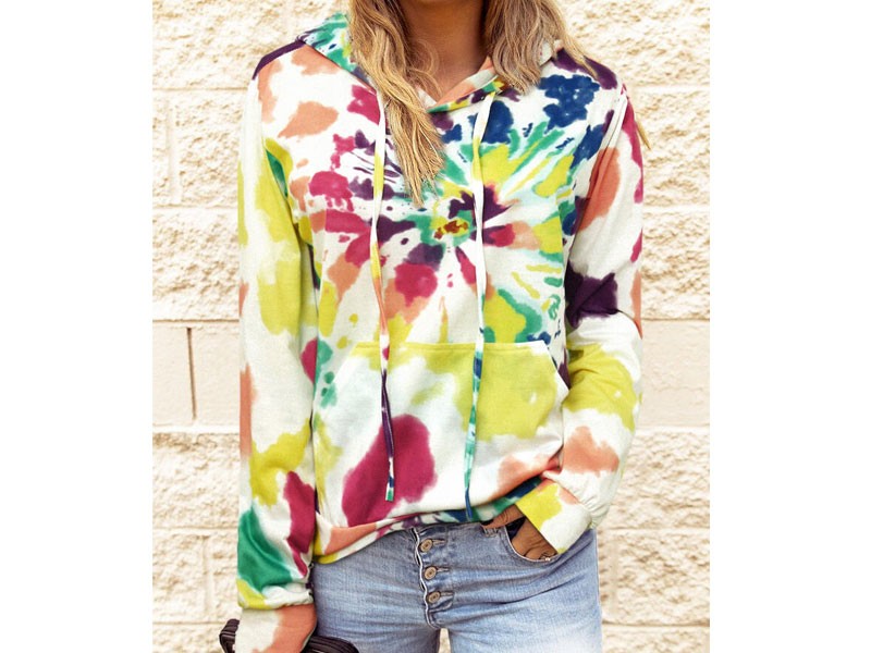 Tie Dye Kangaroo Pocket Drawstring Hoodie For Women