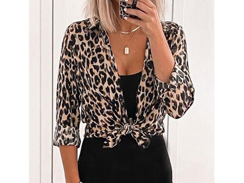 Women's Leopard Button Tie Long Sleeve Shirt