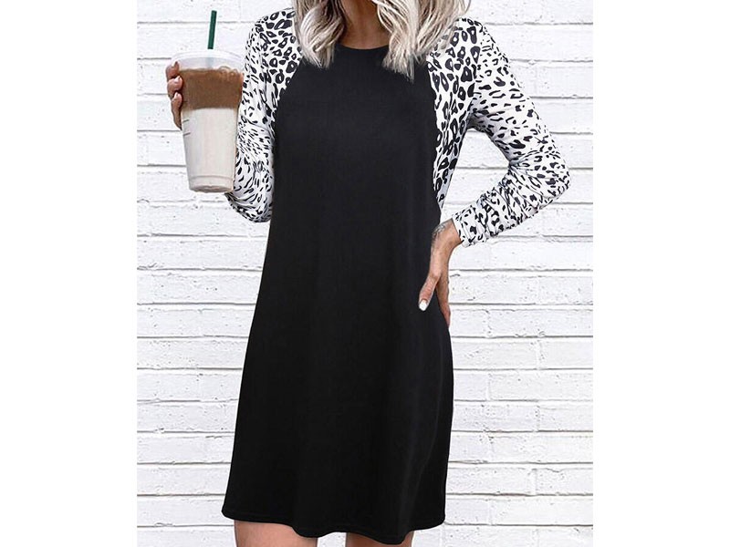 Women's Color Block Leopard Splicing Mini Dress Black
