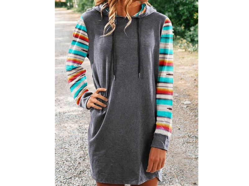 Women's Serape Striped Hooded Mini Dress Gray