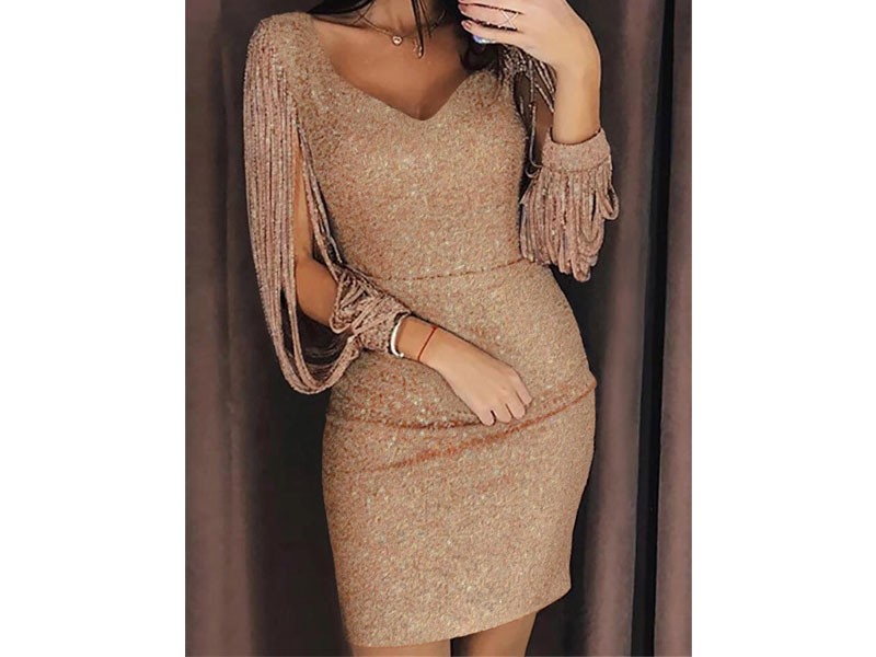 Women's Hollow Out Tassel V-Neck Bodycon Dress Flesh