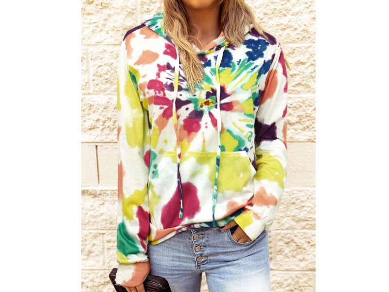 Tie Dye Kangaroo Pocket Drawstring Hoodie For Women