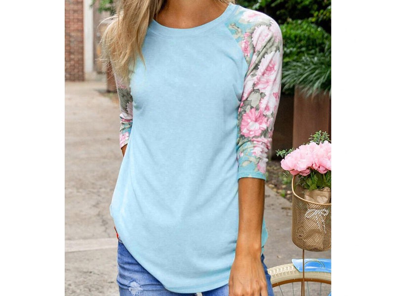 Women's Floral O-Neck T-Shirt Tee Sky Blue
