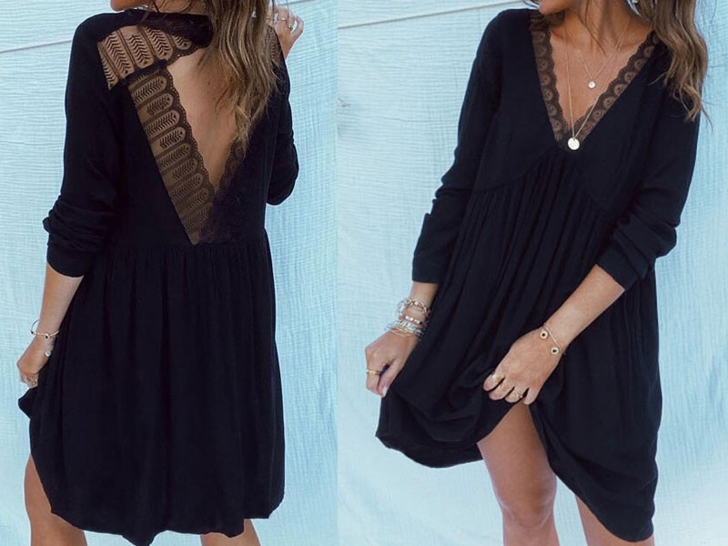 Women's Lace Splicing Hollow Out Mini Dress Black