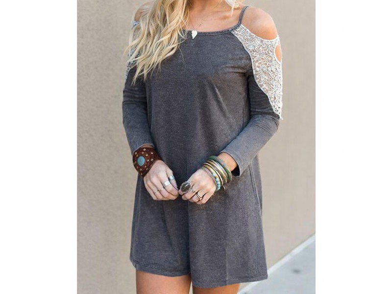 Women's Lace Splicing Hollow Out Cold Shoulder Mini Dress Gray