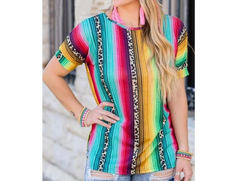 Women's Serape Striped Leopard Splicing T-Shirt Tee