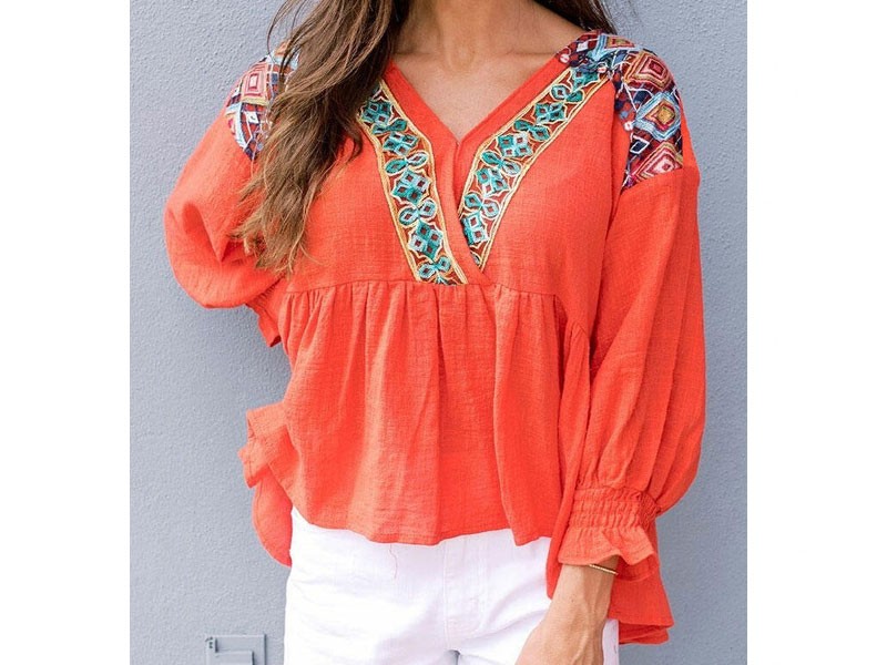 Women's Vintage Aztec Geometric Blouse Orange