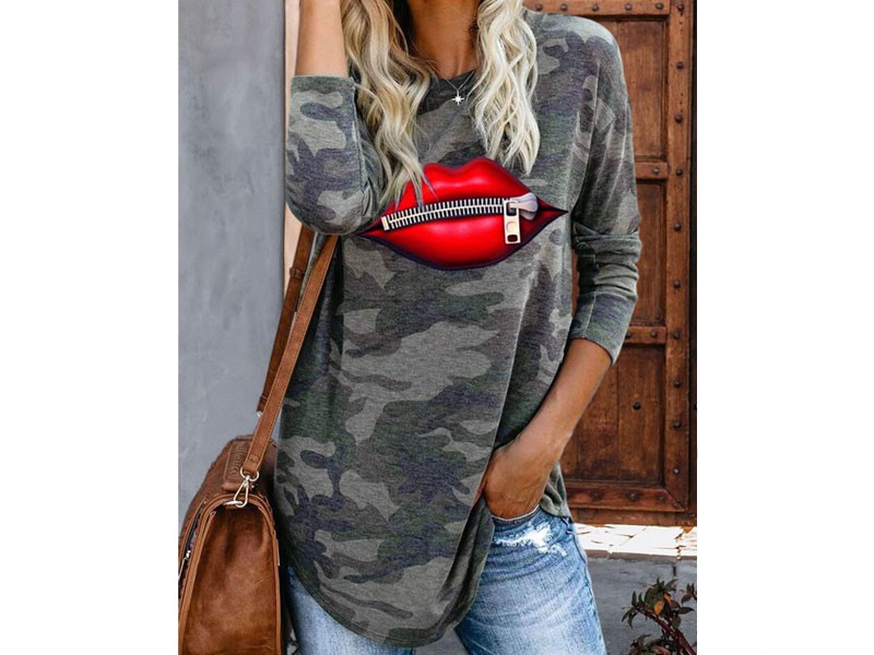 Camouflage Zipper Lips Blouse For Women