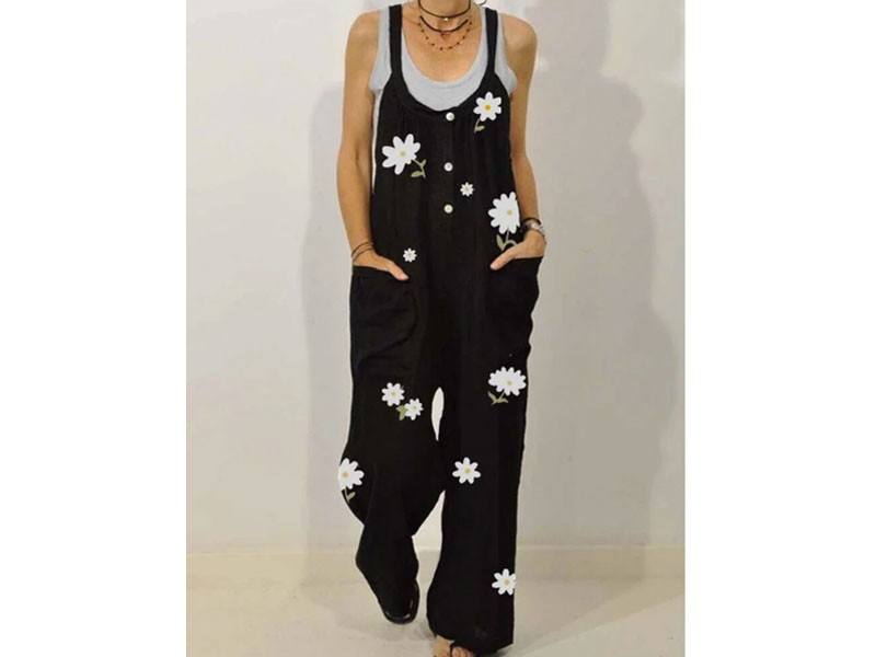 Floral Print Straps Loose Casual Jumpsuit For Women
