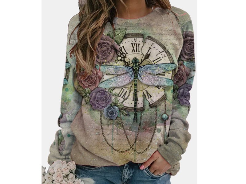 Vintage Dragonfly Printed Long Sleeve O-neck T-shirt For Women