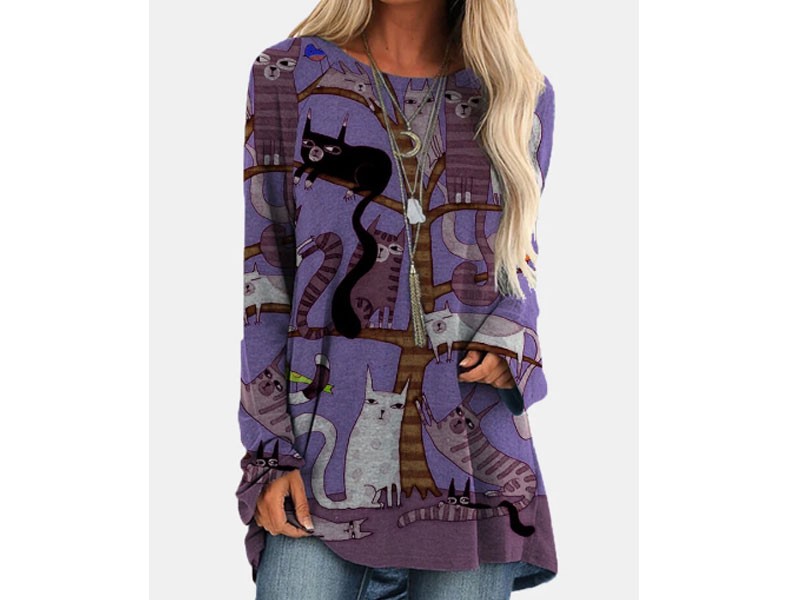 Cartoon Cat Print O-neck Long Sleeve Blouse For Women