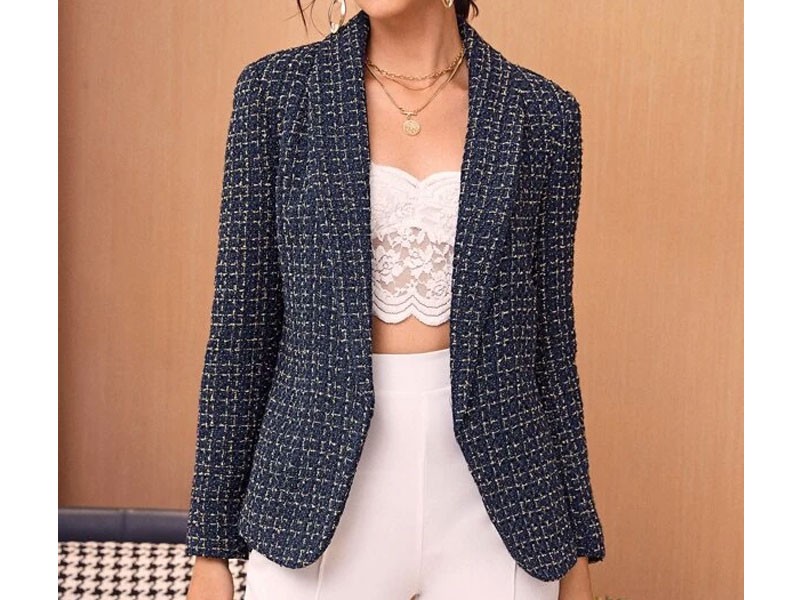 Shein Open Front Plaid Tweed Blazer For Women