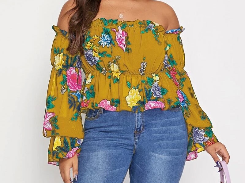 Shein Women's Plus Off Shoulder Flounce Sleeve Floral Peplum Top