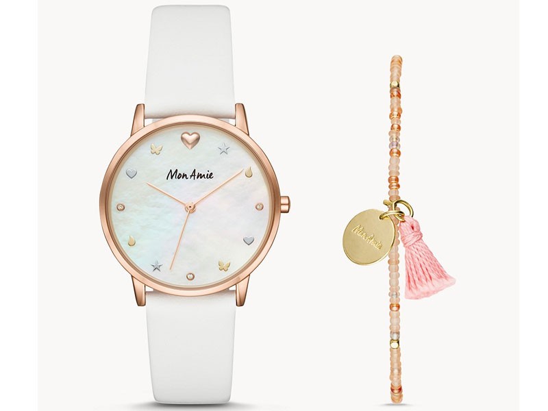 Women's Mon Amie Iconic Health White Leather Watch and Bracelet Set