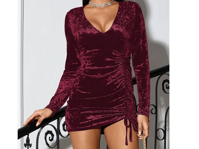 Yoins V-neck Velvet Ruched Mini Dress For Women