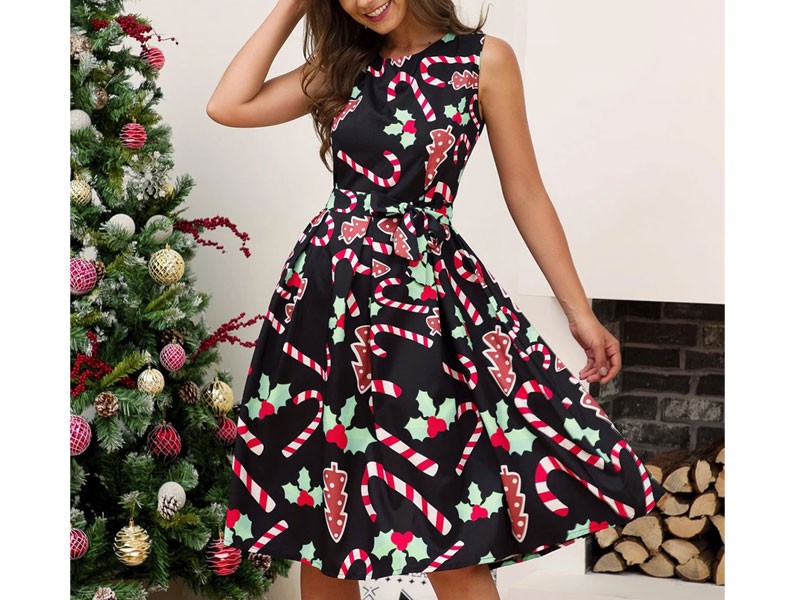 Christmas Crew neck Graphic Sleeveless Midi Dress For Women