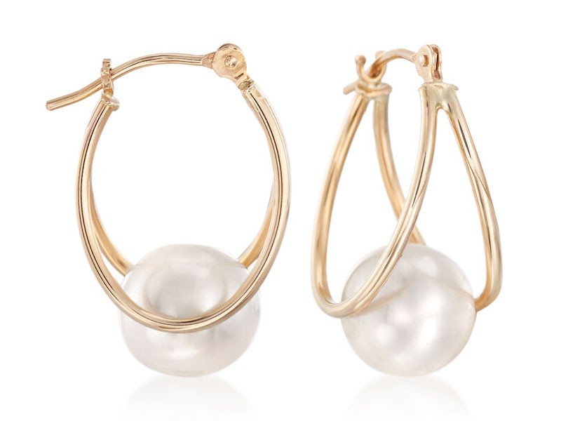 Women's 8-9mm Cultured Pearl Double-Hoop Earrings in 14kt Yellow Gold 3/4