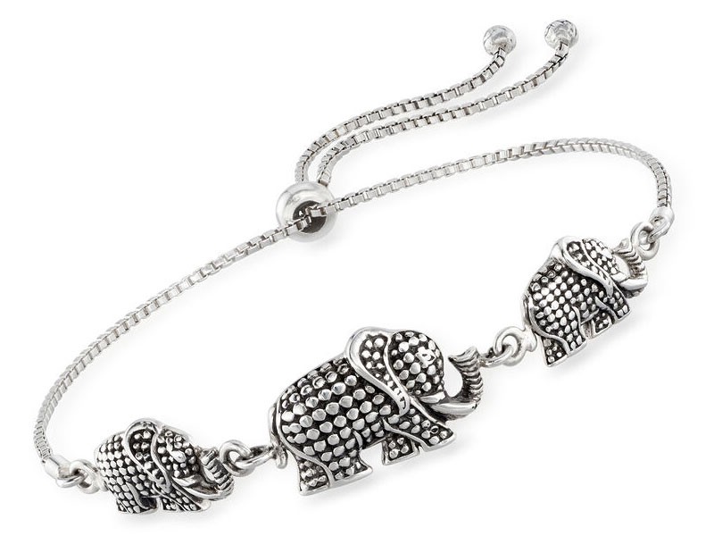 Sterling Silver Bali-Style Elephant Trio Bolo Bracelet For Women