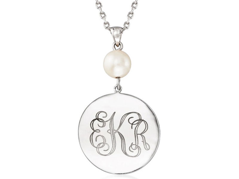 Sterling Silver Personalized Disc Women's Necklace with 8-9mm Cultured Pearl