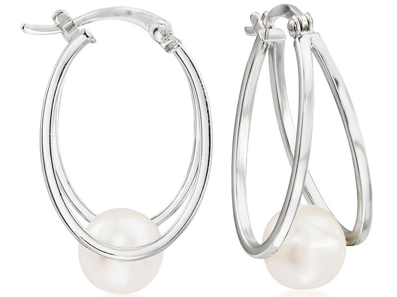 8-9mm Cultured Pearl Double-Women's Hoop Earrings in Sterling Silver