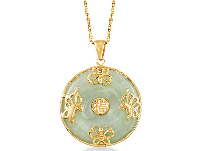 Jade Good Fortune Butterfly Women's Pendant Necklace in 18kt Gold Over Sterling