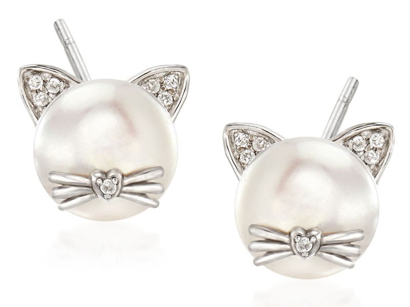 Women's Cultured Pearl Cat Earrings with Diamond Accents in Sterling Silver