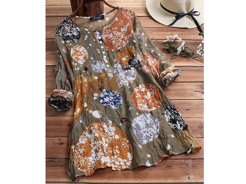 Vintage Print Wrinkle Crew Neck Button Long Sleeve Plus Size Shirts For Women