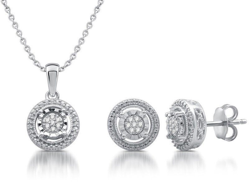 Women's Sterling Silver 1/10 Cttw Diamond Round Necklace and Earring Set