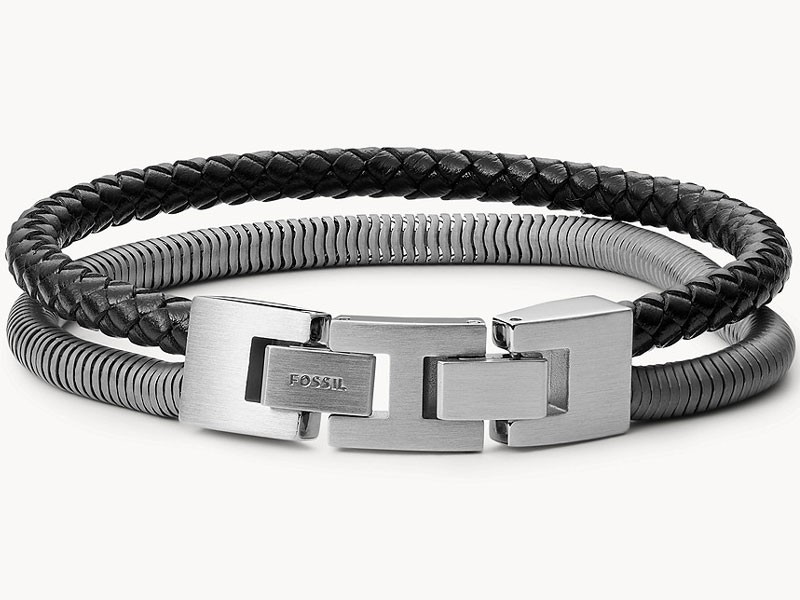 Fossil Double-Strand Gunmetal-Tone Steel And Leather Bracelet For Men